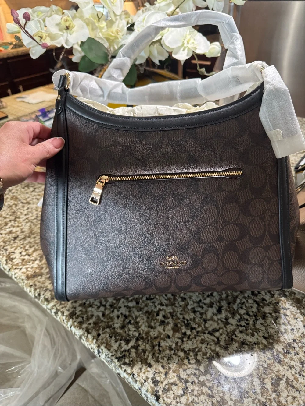Coach Brown Signature Canvas Shoulder Bag with Black Trim